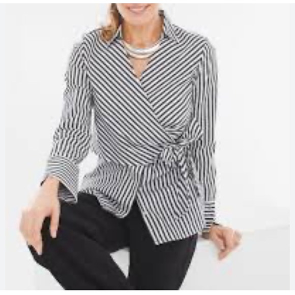 Chico's Black Label Striped‎ Wrap Blouse Tie Waist Long Sleeve Women Size Small - Picture 1 of 7